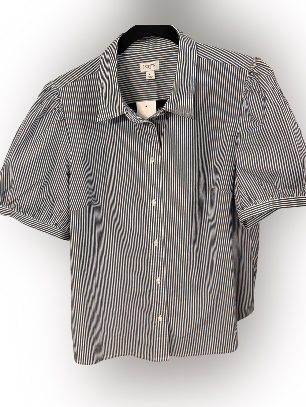 J Crew Womens Blue White Stripe Button Shirt Puff Sleeve Stretch Cotton Sz L NWT